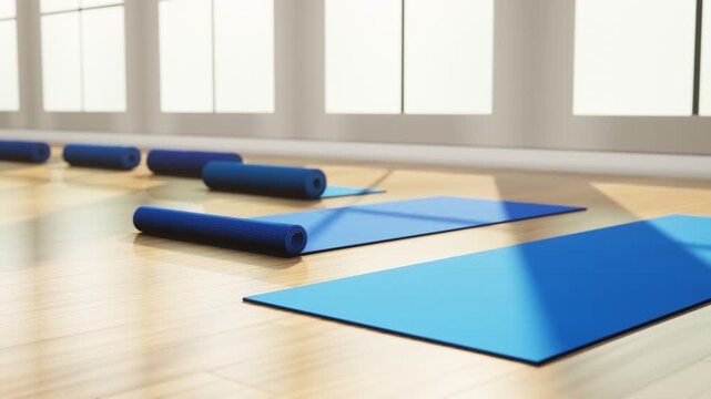 Blue yoga mats unrolling on wooden studio floor in morning sunlight loop animation