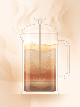 Minimalist line art illustration of a French press coffee maker with warm sepia tones and rising steam swirls
