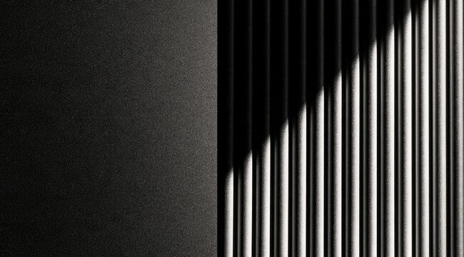 Stark contrast of dark textured surface against vertical light-striped metal