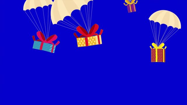 Colorful gift boxes with parachutes falling down on blue background animation motion graphics design video
