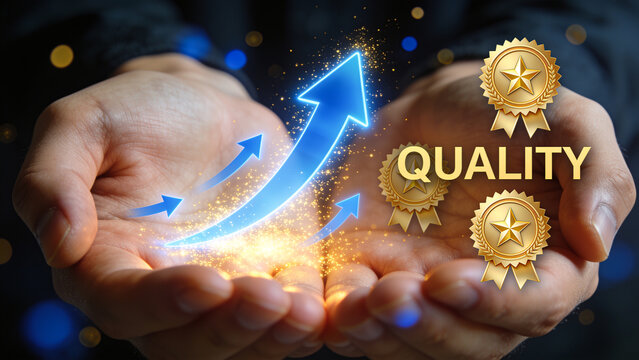 Quality Excellence and Business Growth with Upward Arrow and Gold Medal Icons