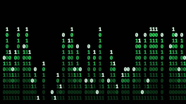 Digital binary code stream flowing with glowing green and white characters on a dark background, representing data and technology