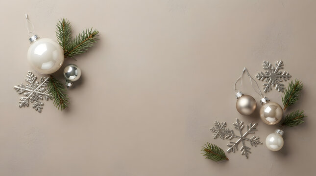 Festive christmas ornaments with pine branches and snowflakes on a neutral background