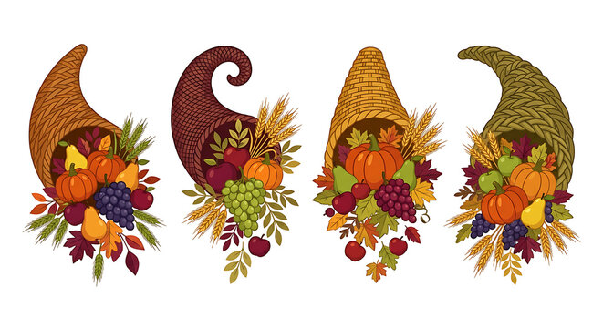 Set of four thanksgiving cornucopia illustrations with autumn harvest