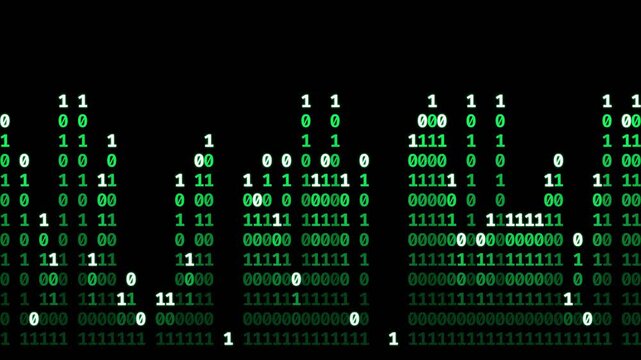 Binary code forming abstract patterns on a dark background. The code consists of ones and zeros, predominantly in green, with some white elements, creating a digital aesthetic