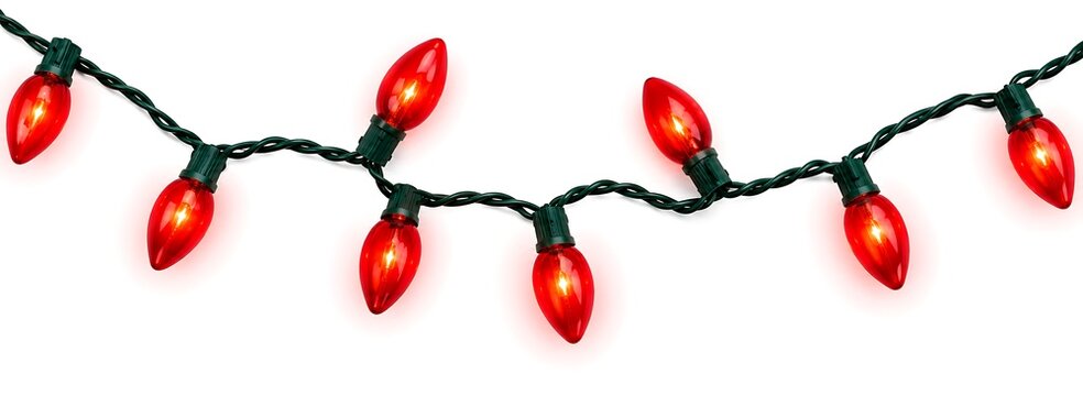 String of vibrant red christmas lights isolated on a clean white background