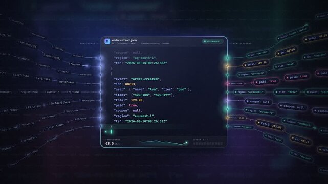JSON data streaming animation with code panel and colorful key value tokens