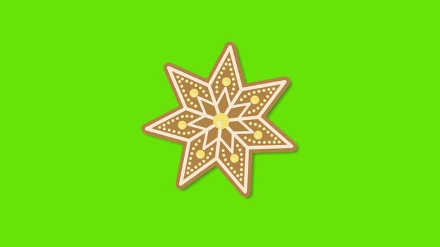 Festive gingerbread star cookie animation with glowing light effect on green chroma key background