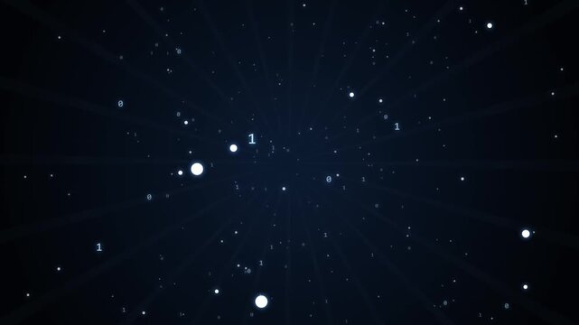 Digital binary code flying through virtual cyberspace represented by glowing particles and streaming data streams in dark abstract technological motion background.