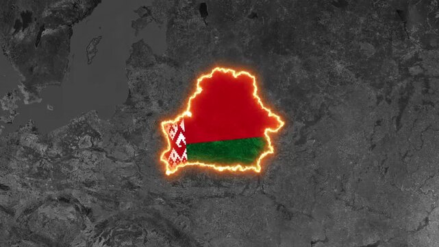 Belarus map glowing with national flag design in animated motion footage
