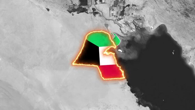 Kuwait map border glowing with fire animation for motion footage