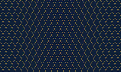 Seamless pattern with golden fish scales on a dark blue background, elegant art deco style wallpaper design © ZASNA