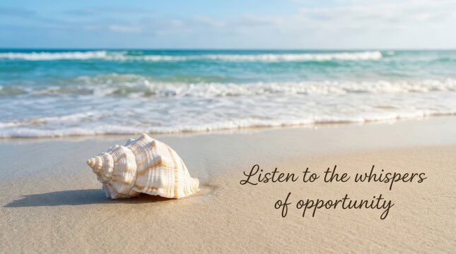 Seashell on sandy beach with ocean waves and inspirational quote about opportunity