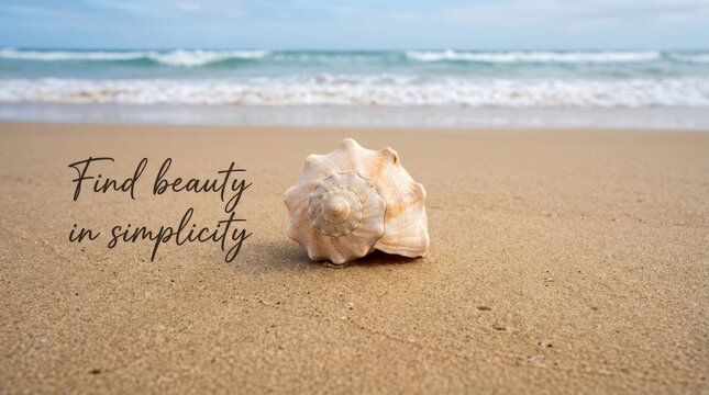 Seashell on sandy beach with ocean waves and inspirational quote 'Find beauty in simplicity'