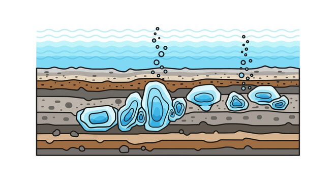 Cross section of geological layers with gas hydrates and bubbles vector illustration with transparent background