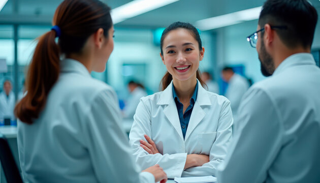 Medical team discussing project in laboratory with female leader smiling while two colleagues listen attentively. Medical discussion highlights teamwork and collaboration in healthcare environment.