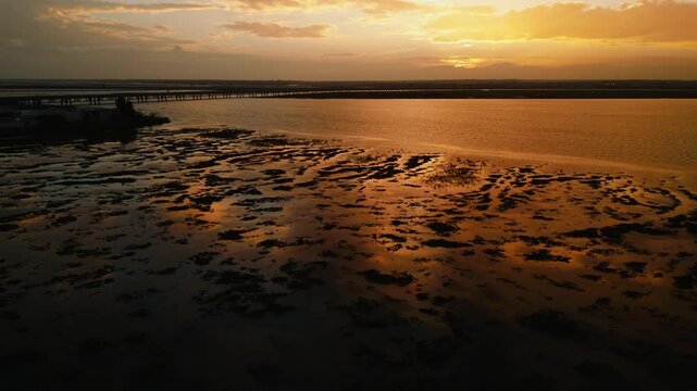 Static view of a tidal mudflat at sunset with dark sediment patterns and reflective shallow water channels under a glowing orange sky illustrating wetland conservation and low tide coastal landscape
