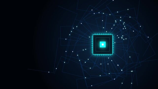 Futuristic blue glowing central microchip processor with digital network lines and data nodes pulsing in technology motion g video