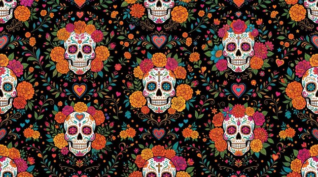 Seamless pattern with sugar skulls and marigolds