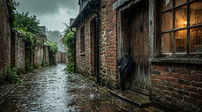 Monsoon rain falling on a historic brick alleyway with a black umbrella leaning against a wooden door