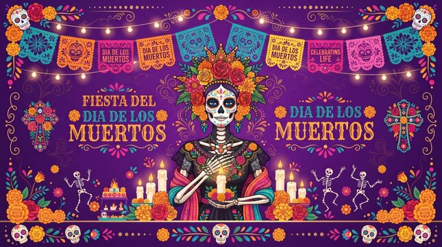 Catrina skeleton woman illustration with marigolds and festive lights
