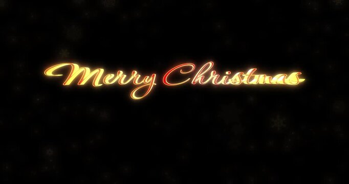 Golden magic dust and snowflakes revealing a glowing Merry Christmas text on a black background. Elegant festive holiday motion graphics.