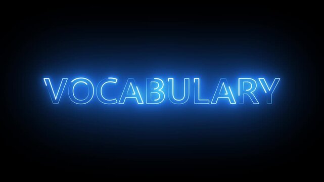 Neon blue glowing vocabulary word sign on dark background