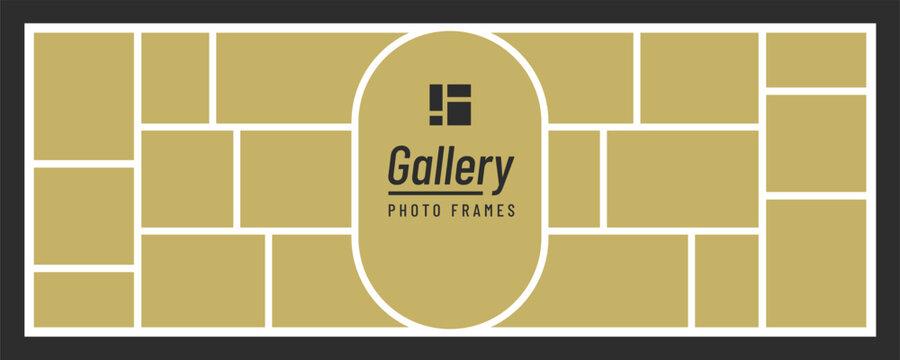 Vector photo collage grid composition with blank yellow picture frames and central oval label.