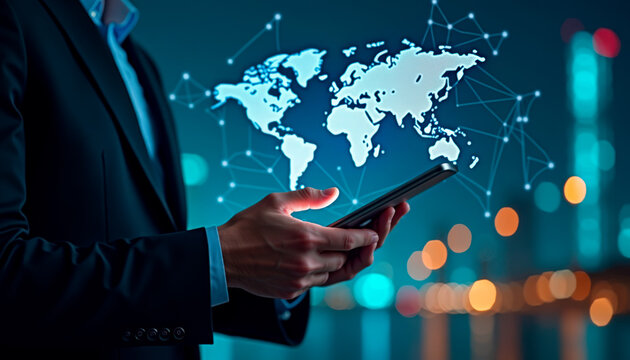 Business professional using smartphone with global network visualization in city at night. Business technology features digital world map alongside vibrant city lights.