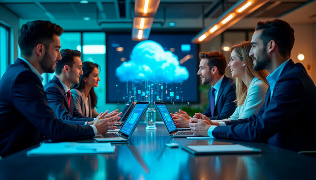 Business meeting with professionals discussing cloud technology around conference table. Business meeting features focused individuals engaging in conversation while collaborating on digital devices.