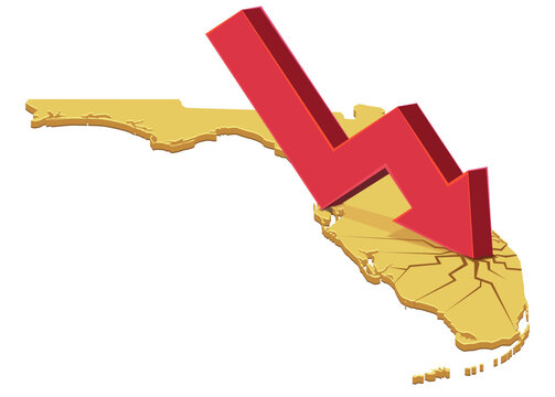 3D illustration symbolizing Florida economic recession, financial crisis, market decline, and inflation with a red downward arrow on a golden map (cut out)