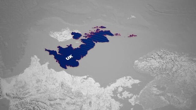 UK map highlighted in navy blue on a monochrome globe, United Kingdom 3D landmass visualization, British territory on a world map animation