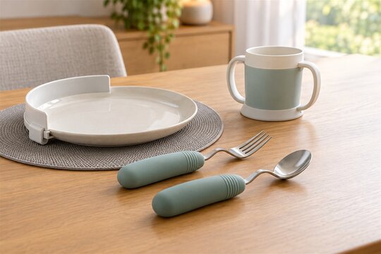 握力が弱い人の自立した食事を支える太柄カトラリーと補助食器