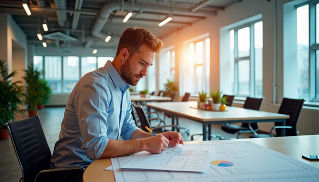 Professional man working in modern office analyzing charts and graphs on table during sunset. Office includes plants, natural light and clean design creating inspiring workspace.