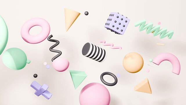 Memphis style 3D shapes in pastel clay floating and turning in a bright studio, seamless loop