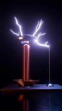 Tesla coil throwing electric arcs from its toroid to a grounded rod in a dark room, vertical video loop