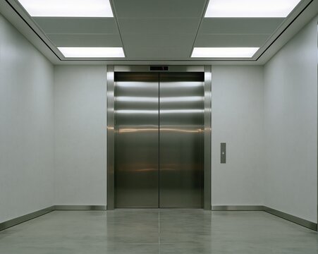 Modern stainless steel elevator doors and minimalist office building elevator lobbies.