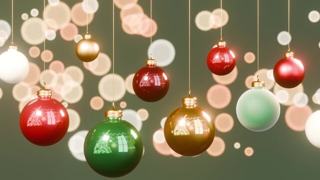 Hanging baubles in red, gold and green swinging on gold threads against warm Christmas lights, loop