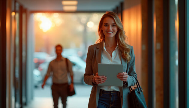 Businesswoman walking with tablet in office corridor at sunset. Confident businesswoman carries tablet while leaving workplace, smiling cheerfully. Concept for professional business environment.