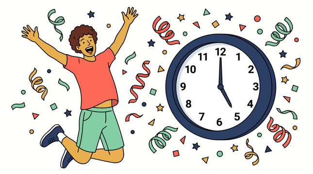 Joyful young man vector illustration showcasing excited jump, five oclock clock and festive confetti, concept for end of workday and work life balance
