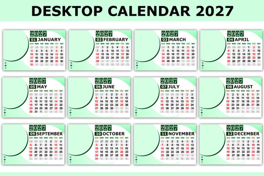 desktop calendar 2027 template design with green color wave vector layout