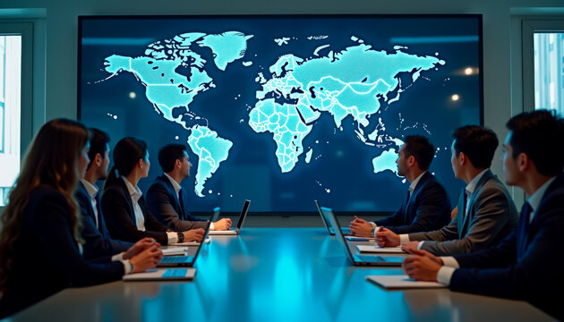 Business meeting with professionals discussing global map display on large screen and laptops. Business meeting includes analysis of world regions with detailed information presented visually.