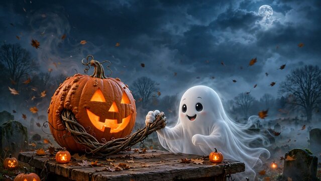 Grinning jack-o-lantern pumpkin arm wrestling a friendly cartoon ghost across a wooden table in a foggy moonlit graveyard
