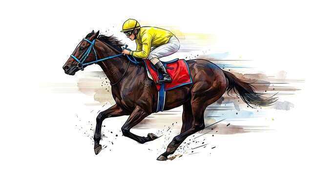 Racehorse and jockey galloping on dirt track with dynamic watercolor effect with watercolor style background motion blur watercolor rides brown racehorse racingillustrationstyle watercolorartistic