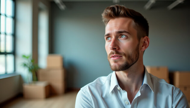 Thoughtful man in empty office with moving boxes and natural light entering through window. Profile of thoughtful man reflecting in minimalistic workspace with moving boxes stacked.