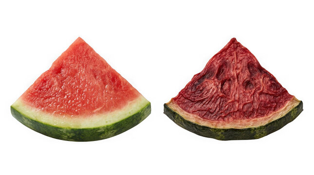 Fresh watermelon slice and dehydrated shrunken watermelon piece comparison.
