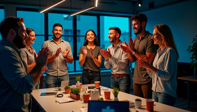 Team celebrating success with applause and cheerful expressions in modern office setting. Team members show appreciation for achievements during nighttime gathering,