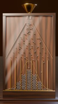 Galton board with steel balls bouncing through brass pegs into bins to form a bell curve, vertical video