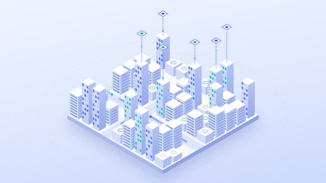 A high-tech isometric 3D animation of a smart city landscape featuring interconnected buildings, data flow lines, and IoT connectivity symbols for digital urban planning.