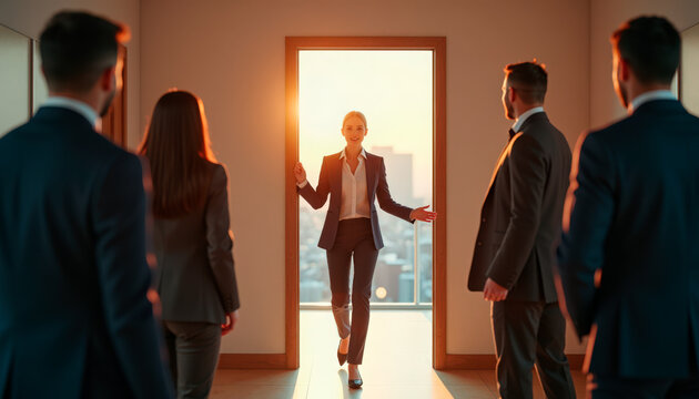 Confident businesswoman walking towards team in meeting room with sunset view. Businesswoman leads her team as they engage in discussion, showing leadership qualities and teamwork.